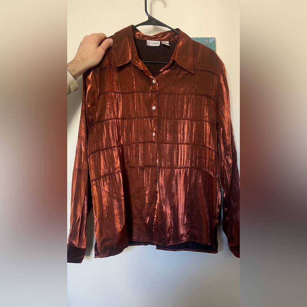 90s Metallic brass collared pleated button down